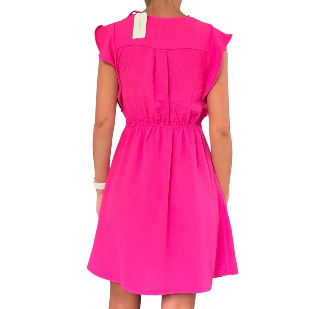Monteau Los Angeles Women XS Hot Pink Ruched FlutterSleeve Mini Dress Barbiecore - Picture 4 of 13